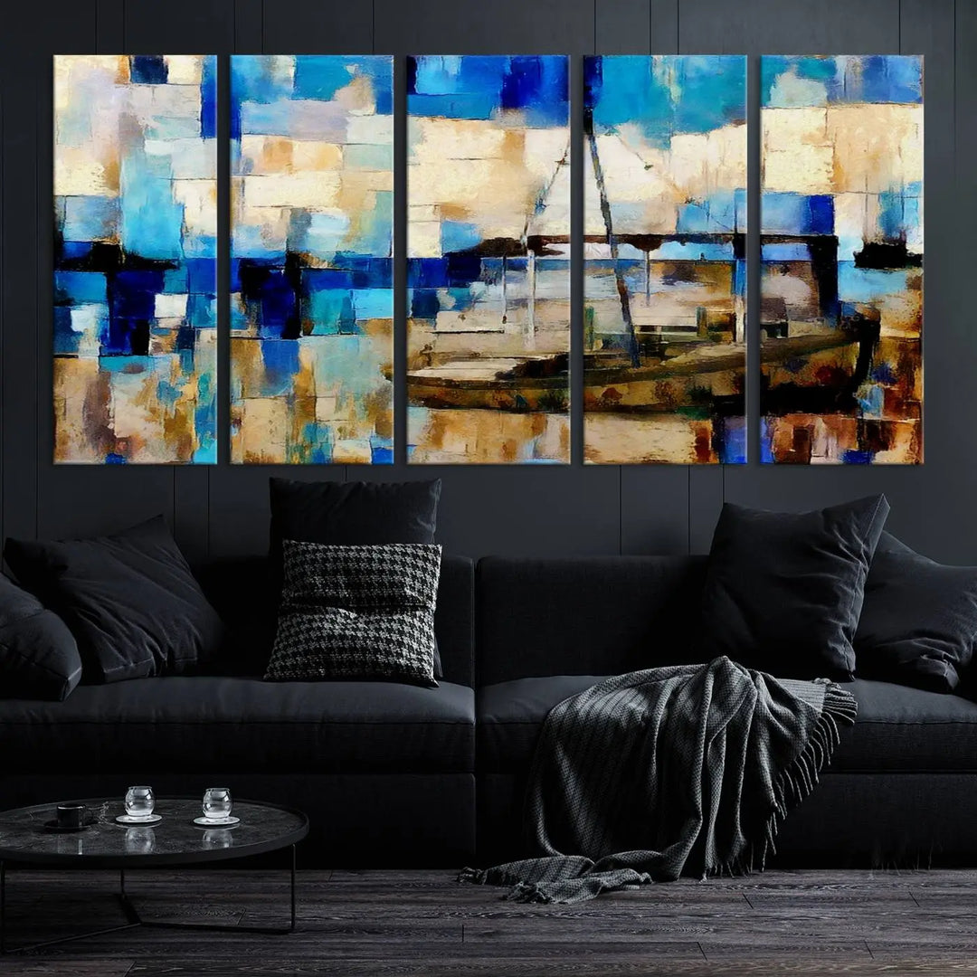 A living room featuring a contemporary Abstract Boat Painting on museum-quality canvases from the Nautical Art collection.