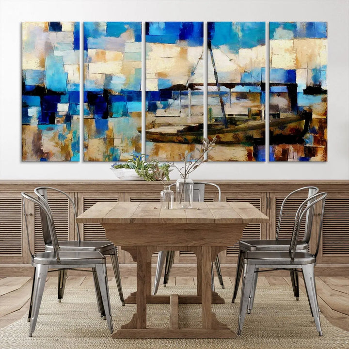 A living room featuring a contemporary Abstract Boat Painting on museum-quality canvases from the Nautical Art collection.