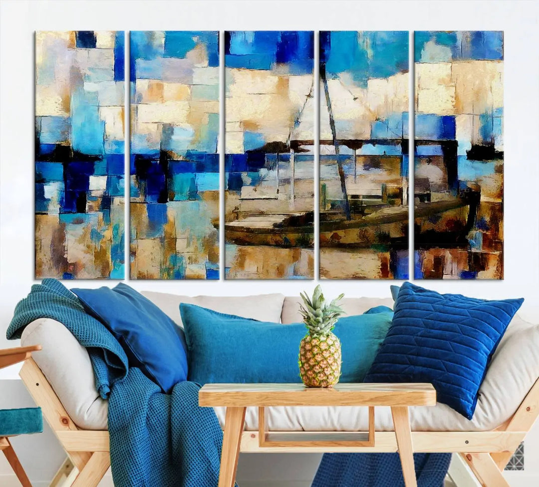 A living room featuring a contemporary Abstract Boat Painting on museum-quality canvases from the Nautical Art collection.