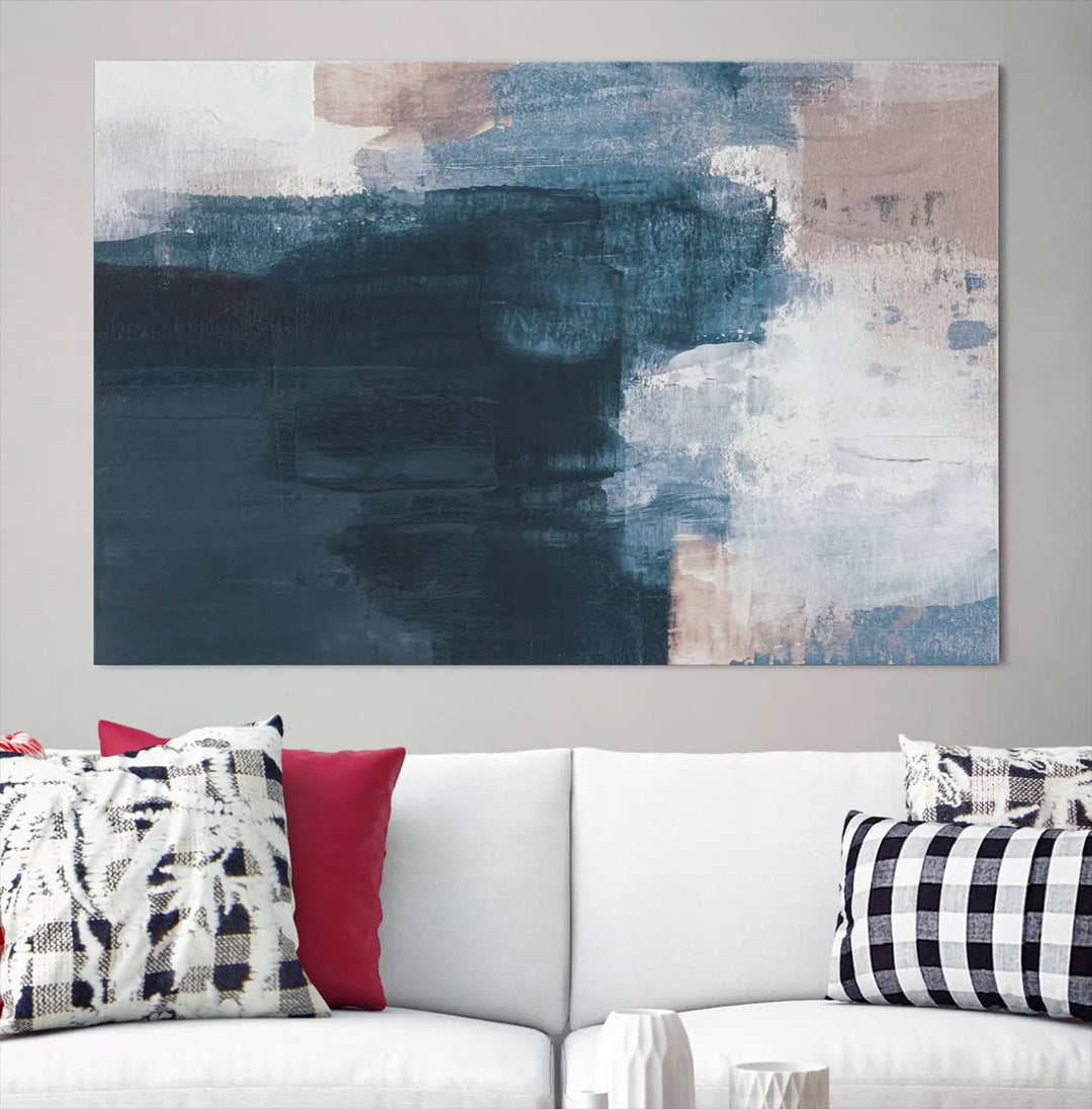 A modern living room featuring the Abstract Brush Strokes Canvas Wall Art on museum-quality canvas.