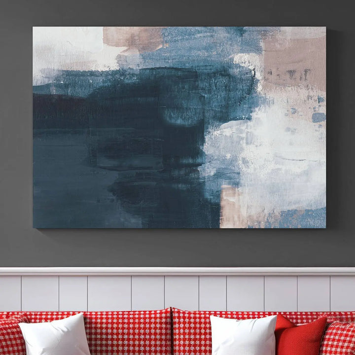 A modern living room featuring the Abstract Brush Strokes Canvas Wall Art on museum-quality canvas.