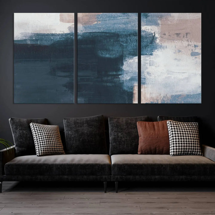 A modern living room featuring the Abstract Brush Strokes Canvas Wall Art on museum-quality canvas.