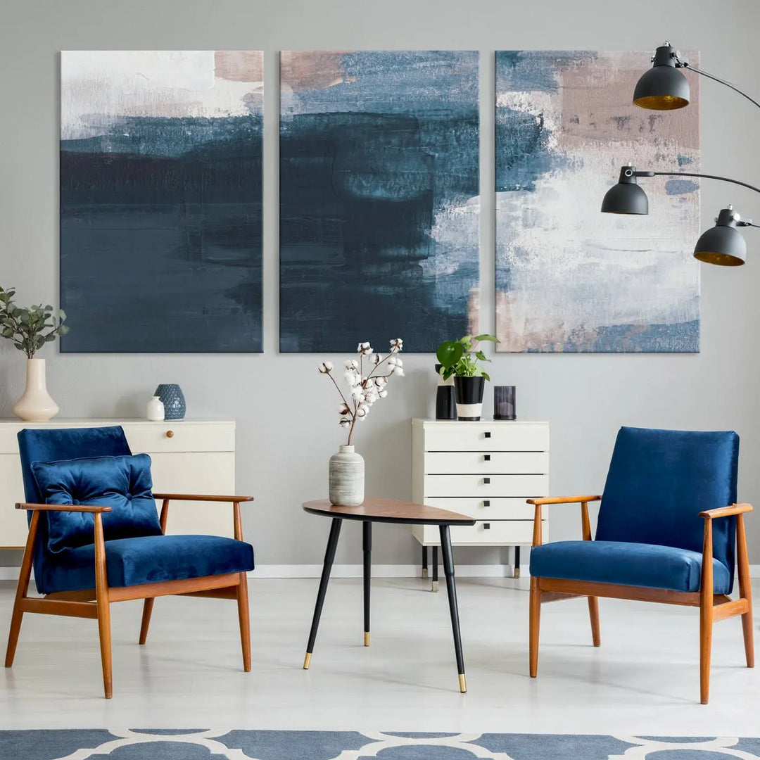 A modern living room featuring the Abstract Brush Strokes Canvas Wall Art on museum-quality canvas.