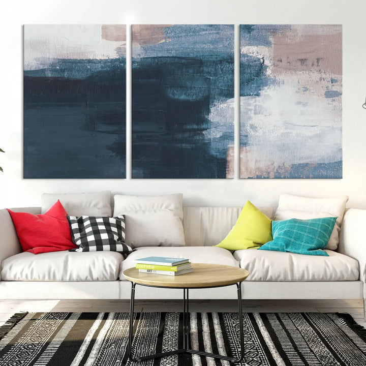 A modern living room featuring the Abstract Brush Strokes Canvas Wall Art on museum-quality canvas.