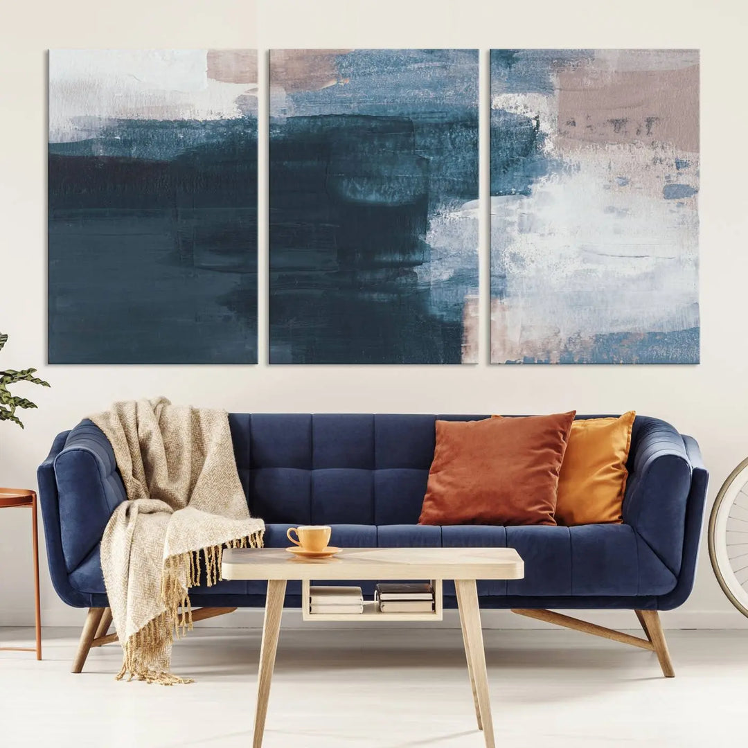 A modern living room featuring the Abstract Brush Strokes Canvas Wall Art on museum-quality canvas.