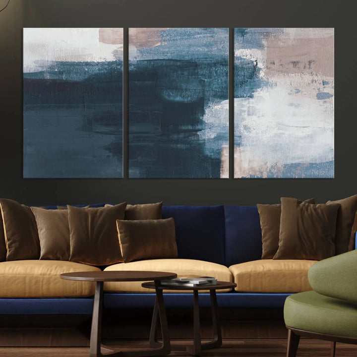 A modern living room featuring the Abstract Brush Strokes Canvas Wall Art on museum-quality canvas.