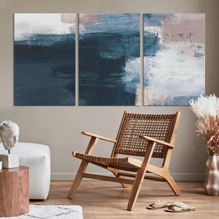 A modern living room featuring the Abstract Brush Strokes Canvas Wall Art on museum-quality canvas.