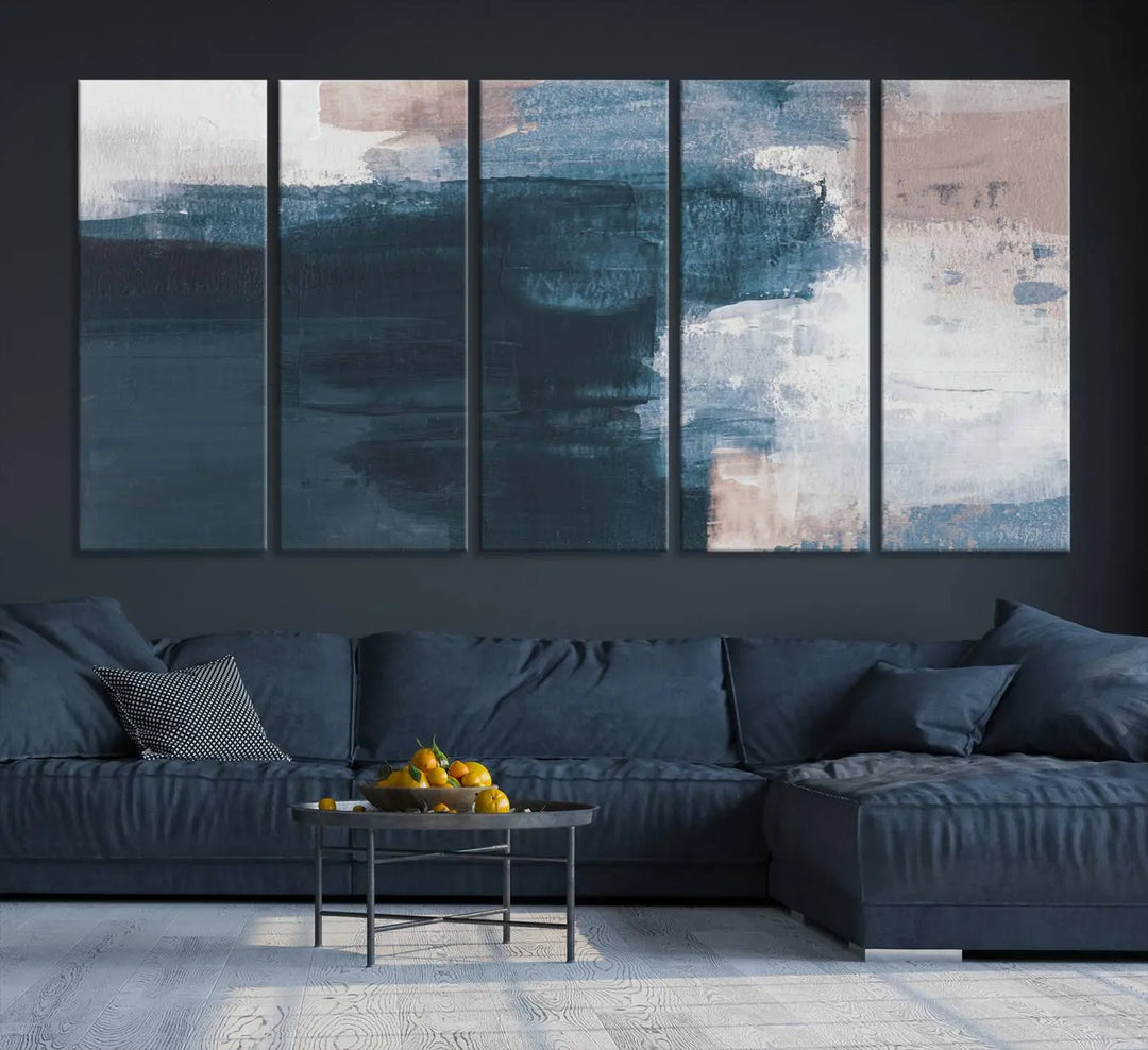 A modern living room featuring the Abstract Brush Strokes Canvas Wall Art on museum-quality canvas.