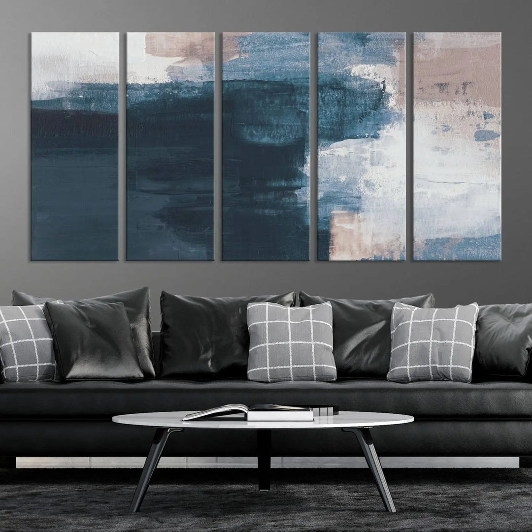 A modern living room featuring the Abstract Brush Strokes Canvas Wall Art on museum-quality canvas.