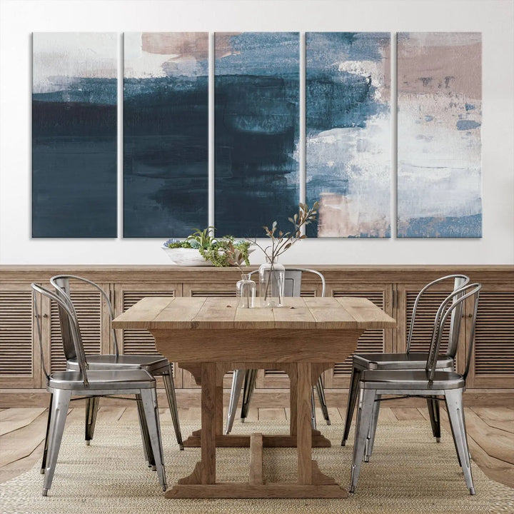 A modern living room featuring the Abstract Brush Strokes Canvas Wall Art on museum-quality canvas.