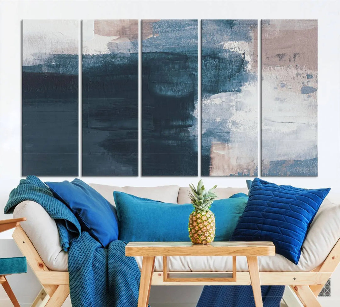 A modern living room featuring the Abstract Brush Strokes Canvas Wall Art on museum-quality canvas.