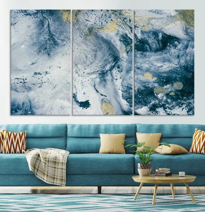 The Abstract Canvas Print Wall Art serves as a sophisticated focal point and is ready to hang, infusing elegance into the space. This museum-quality piece enhances the modern living room atmosphere.