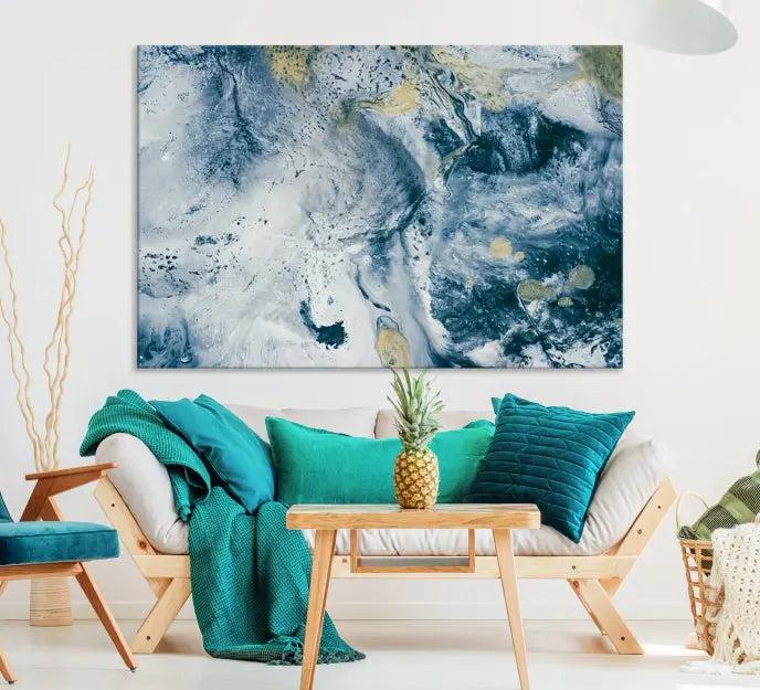 The Abstract Canvas Print Wall Art serves as a sophisticated focal point and is ready to hang, infusing elegance into the space. This museum-quality piece enhances the modern living room atmosphere.