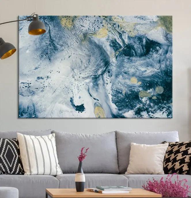 The Abstract Canvas Print Wall Art serves as a sophisticated focal point and is ready to hang, infusing elegance into the space. This museum-quality piece enhances the modern living room atmosphere.