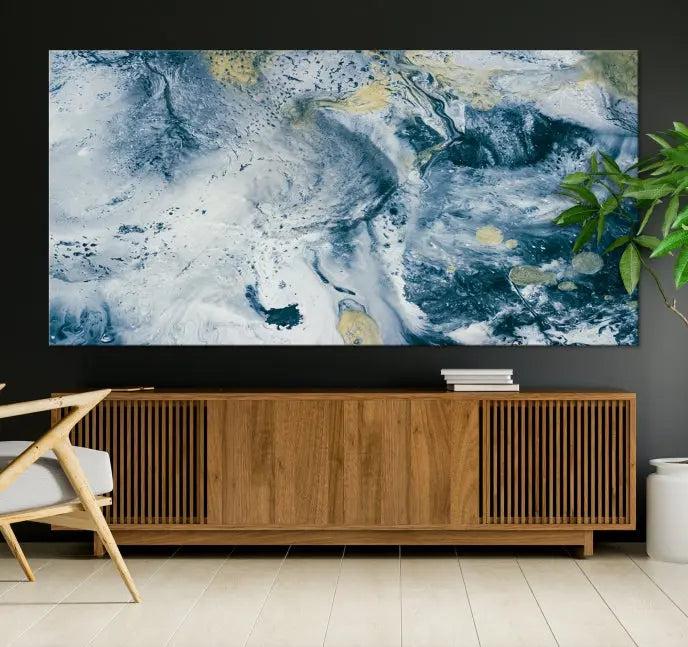 The Abstract Canvas Print Wall Art serves as a sophisticated focal point and is ready to hang, infusing elegance into the space. This museum-quality piece enhances the modern living room atmosphere.