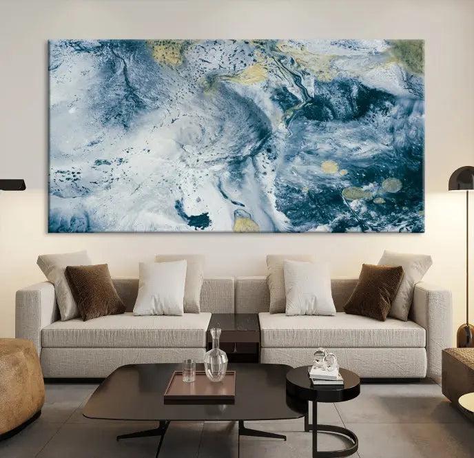 The Abstract Canvas Print Wall Art serves as a sophisticated focal point and is ready to hang, infusing elegance into the space. This museum-quality piece enhances the modern living room atmosphere.