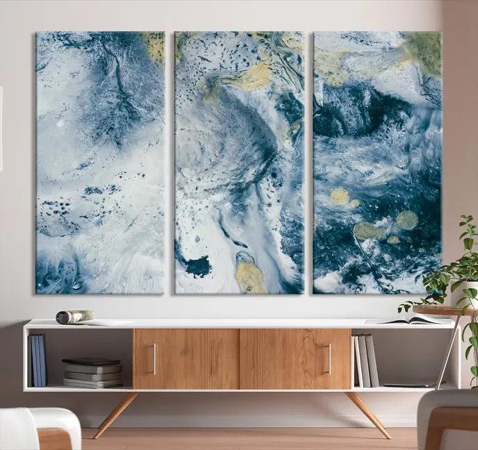 The Abstract Canvas Print Wall Art serves as a sophisticated focal point and is ready to hang, infusing elegance into the space. This museum-quality piece enhances the modern living room atmosphere.