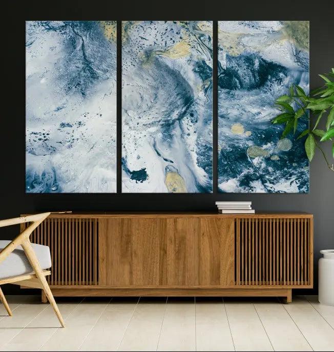 The Abstract Canvas Print Wall Art serves as a sophisticated focal point and is ready to hang, infusing elegance into the space. This museum-quality piece enhances the modern living room atmosphere.