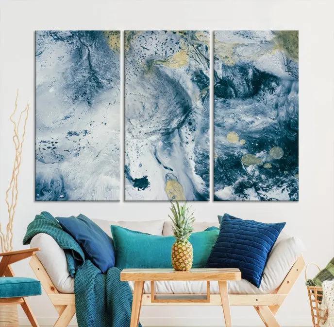 The Abstract Canvas Print Wall Art serves as a sophisticated focal point and is ready to hang, infusing elegance into the space. This museum-quality piece enhances the modern living room atmosphere.