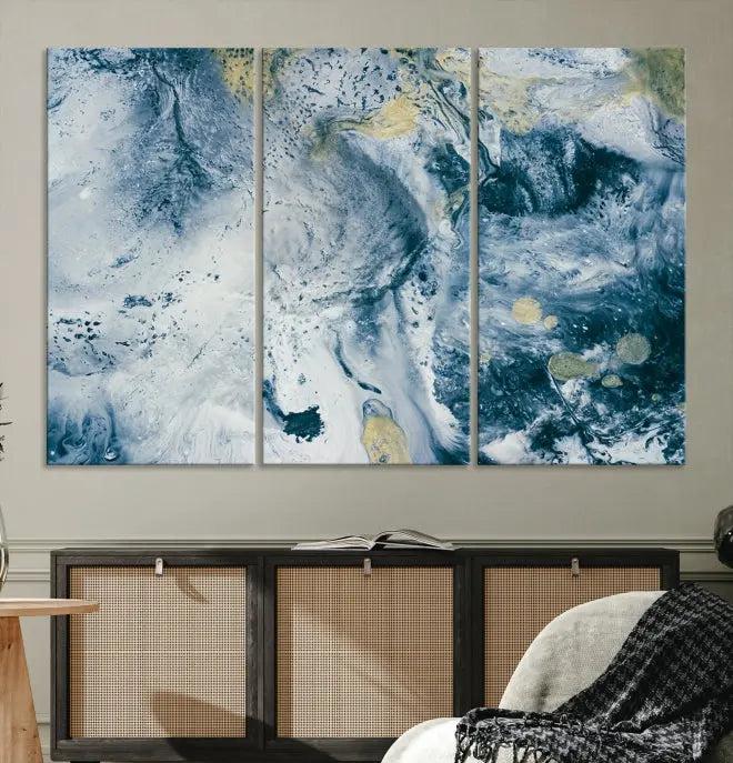 The Abstract Canvas Print Wall Art serves as a sophisticated focal point and is ready to hang, infusing elegance into the space. This museum-quality piece enhances the modern living room atmosphere.