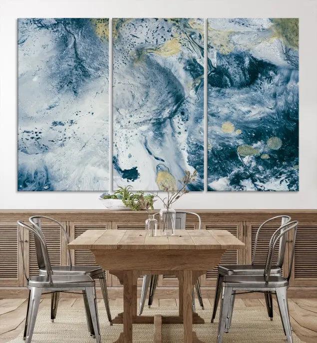 The Abstract Canvas Print Wall Art serves as a sophisticated focal point and is ready to hang, infusing elegance into the space. This museum-quality piece enhances the modern living room atmosphere.