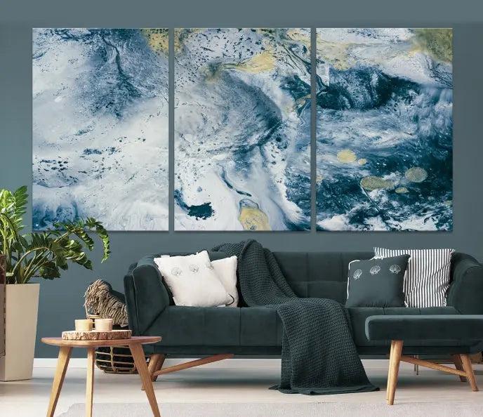 The Abstract Canvas Print Wall Art serves as a sophisticated focal point and is ready to hang, infusing elegance into the space. This museum-quality piece enhances the modern living room atmosphere.