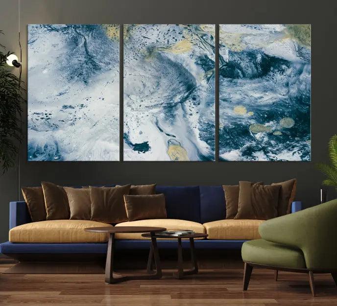 The Abstract Canvas Print Wall Art serves as a sophisticated focal point and is ready to hang, infusing elegance into the space. This museum-quality piece enhances the modern living room atmosphere.