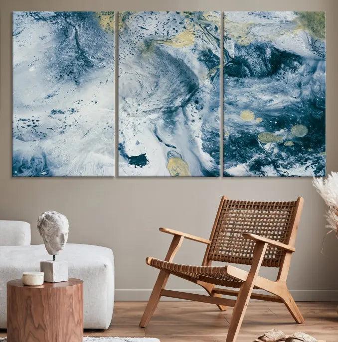 The Abstract Canvas Print Wall Art serves as a sophisticated focal point and is ready to hang, infusing elegance into the space. This museum-quality piece enhances the modern living room atmosphere.