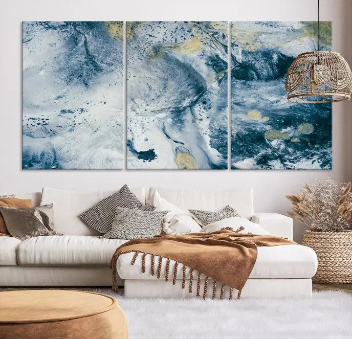 The Abstract Canvas Print Wall Art serves as a sophisticated focal point and is ready to hang, infusing elegance into the space. This museum-quality piece enhances the modern living room atmosphere.