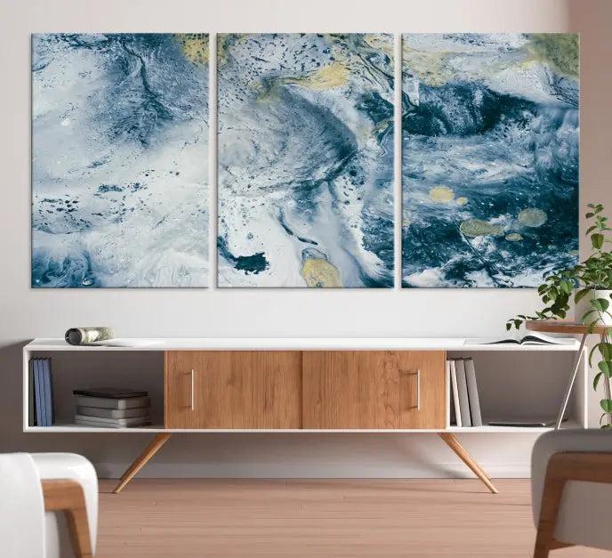 The Abstract Canvas Print Wall Art serves as a sophisticated focal point and is ready to hang, infusing elegance into the space. This museum-quality piece enhances the modern living room atmosphere.