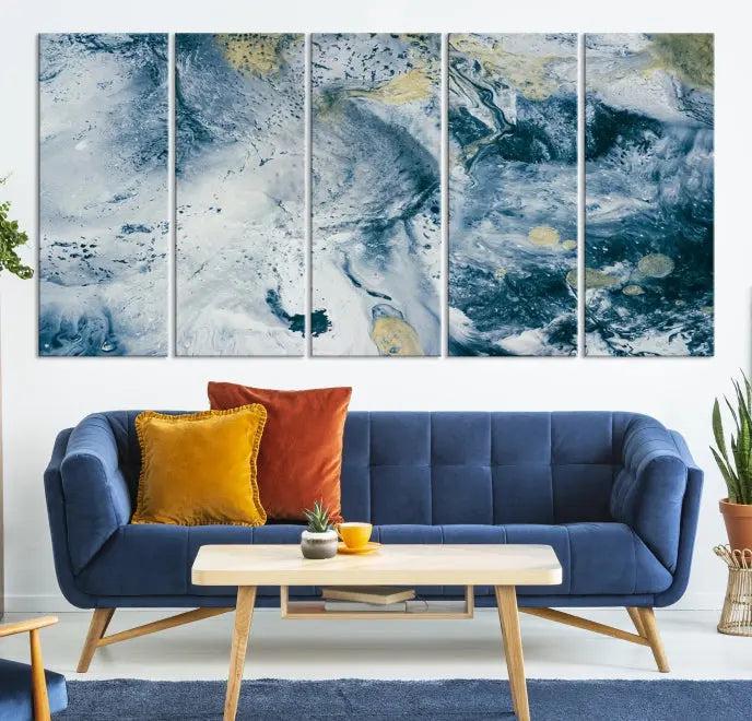 The Abstract Canvas Print Wall Art serves as a sophisticated focal point and is ready to hang, infusing elegance into the space. This museum-quality piece enhances the modern living room atmosphere.