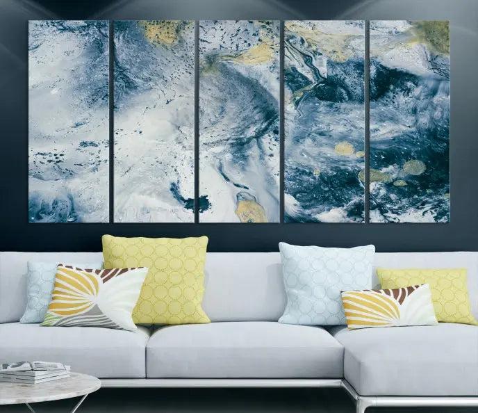 The Abstract Canvas Print Wall Art serves as a sophisticated focal point and is ready to hang, infusing elegance into the space. This museum-quality piece enhances the modern living room atmosphere.