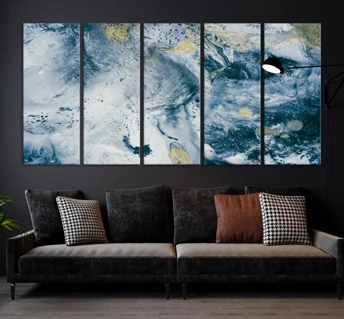 The Abstract Canvas Print Wall Art serves as a sophisticated focal point and is ready to hang, infusing elegance into the space. This museum-quality piece enhances the modern living room atmosphere.