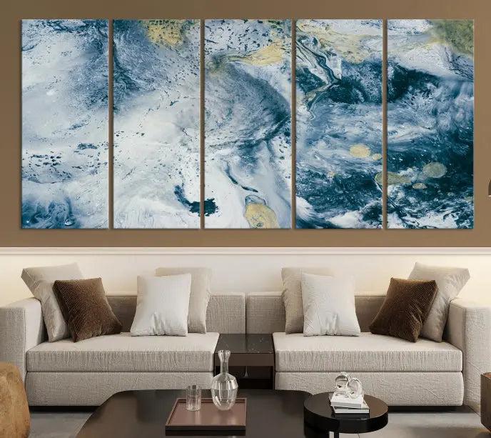 The Abstract Canvas Print Wall Art serves as a sophisticated focal point and is ready to hang, infusing elegance into the space. This museum-quality piece enhances the modern living room atmosphere.