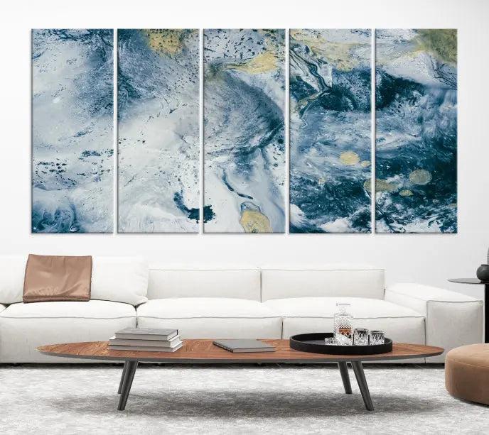 The Abstract Canvas Print Wall Art serves as a sophisticated focal point and is ready to hang, infusing elegance into the space. This museum-quality piece enhances the modern living room atmosphere.