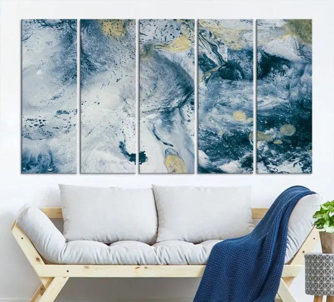 The Abstract Canvas Print Wall Art serves as a sophisticated focal point and is ready to hang, infusing elegance into the space. This museum-quality piece enhances the modern living room atmosphere.