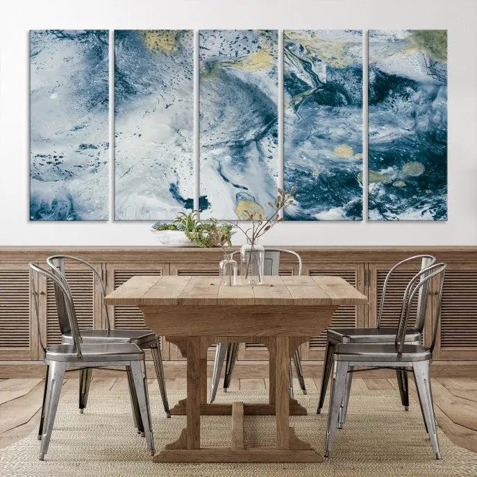 The Abstract Canvas Print Wall Art serves as a sophisticated focal point and is ready to hang, infusing elegance into the space. This museum-quality piece enhances the modern living room atmosphere.