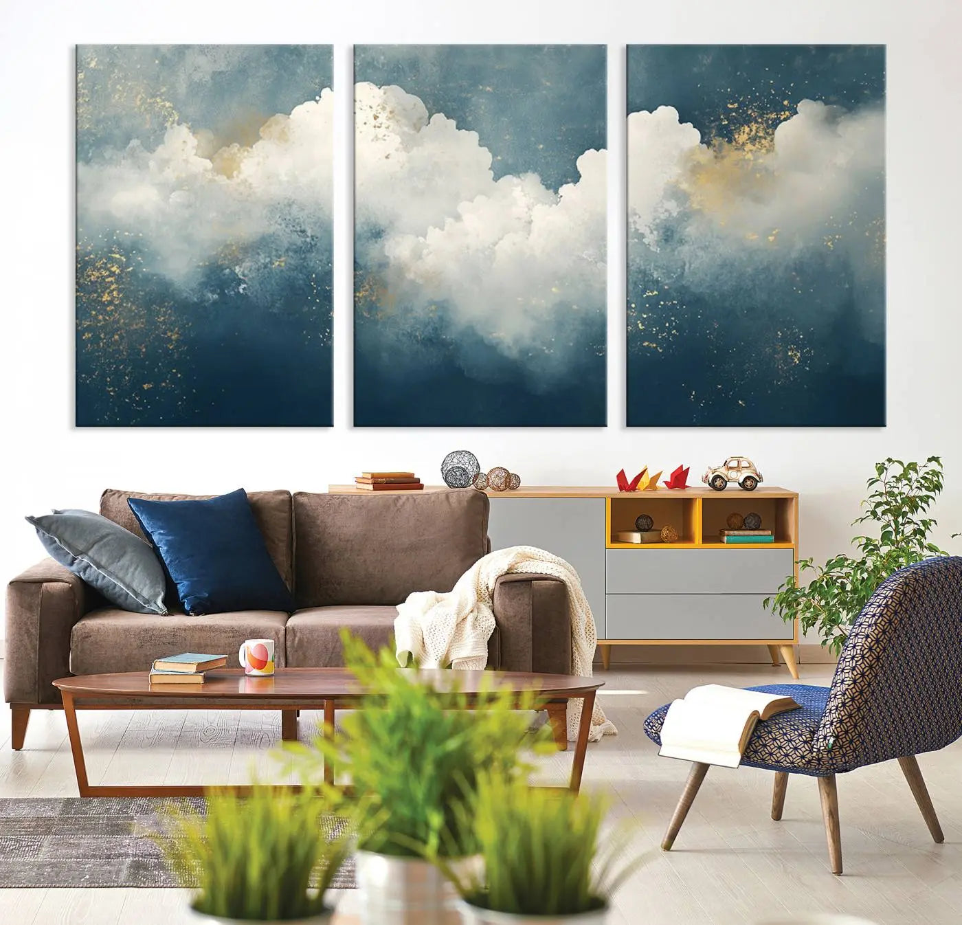 75131-MGV-CV-36X24-Abstract Blue White Wall Art Canvas Print – Modern Gold Accent Minimalist Artwork for Home, Office, Living Room Decor