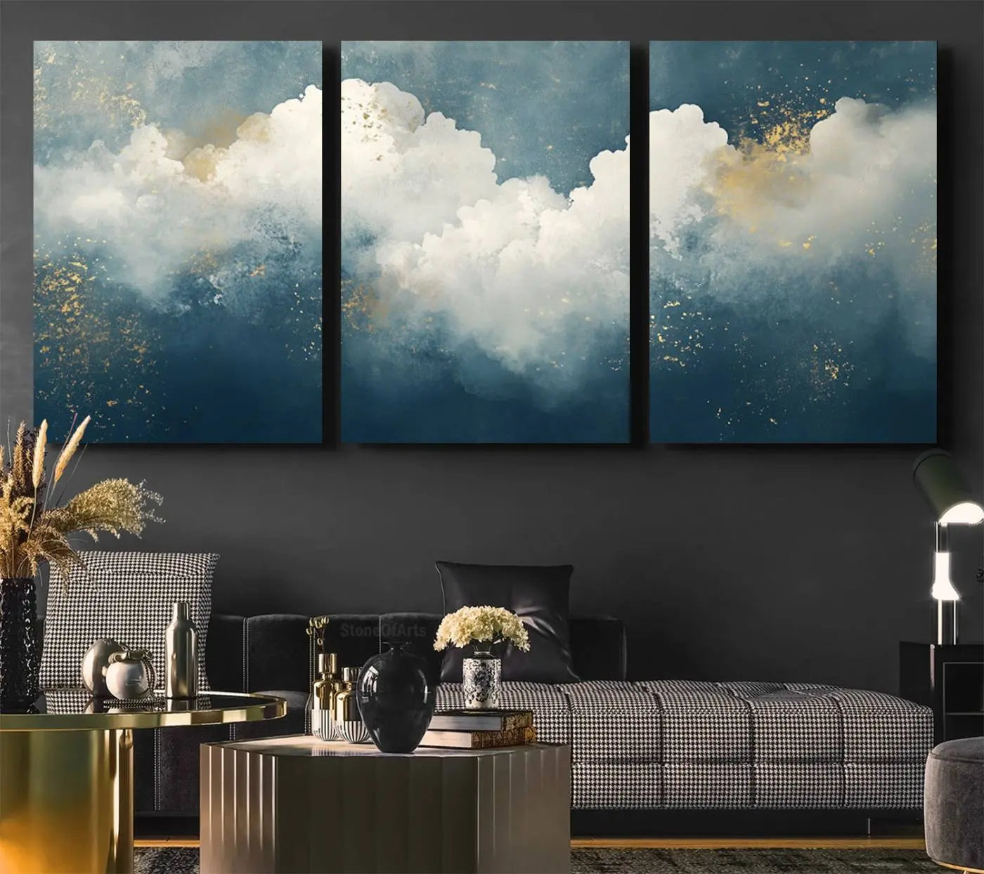 75131-MGV-CV-36X24-Abstract Blue White Wall Art Canvas Print – Modern Gold Accent Minimalist Artwork for Home, Office, Living Room Decor