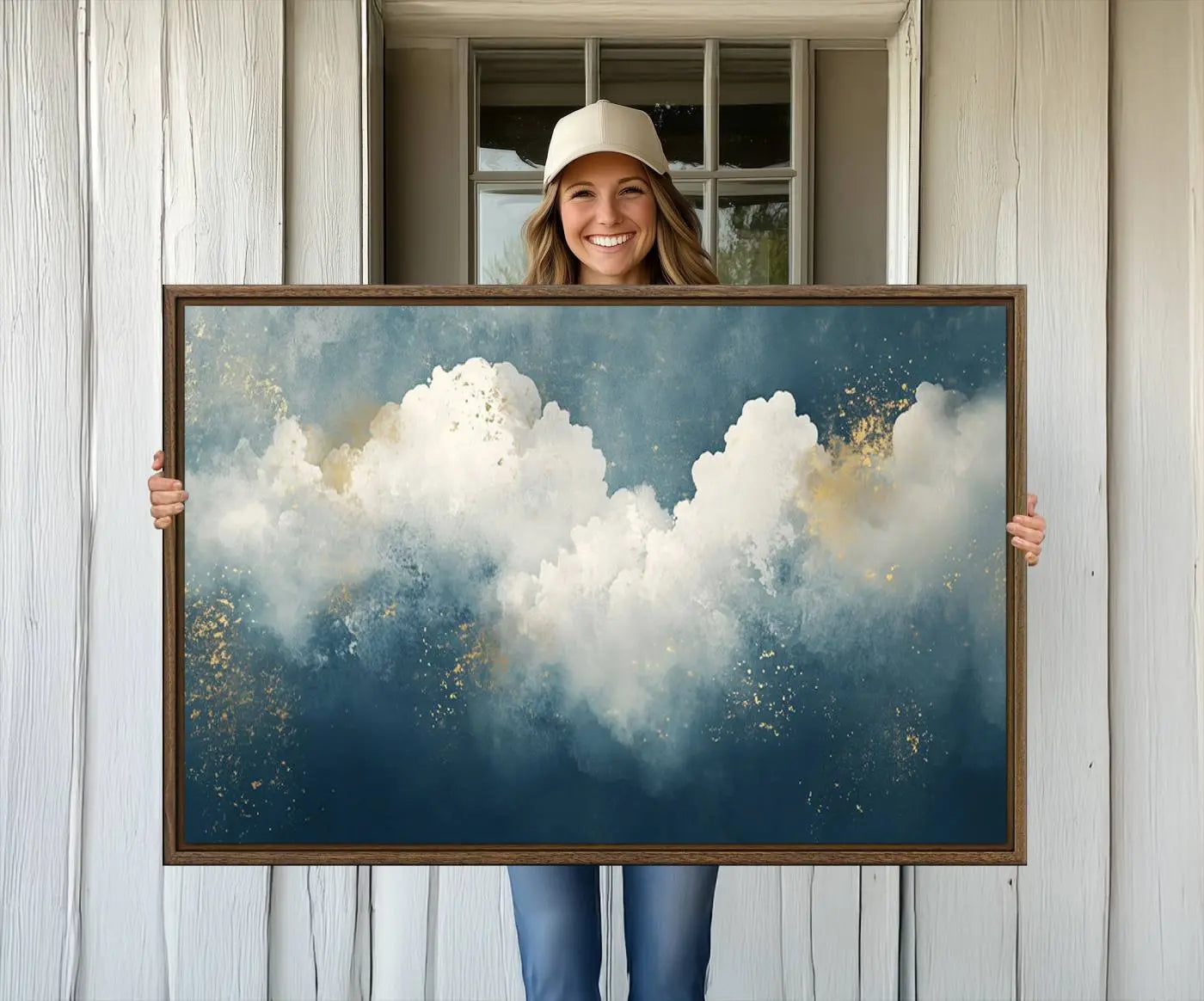 75131-MGV-CV-36X24-Abstract Blue White Wall Art Canvas Print – Modern Gold Accent Minimalist Artwork for Home, Office, Living Room Decor