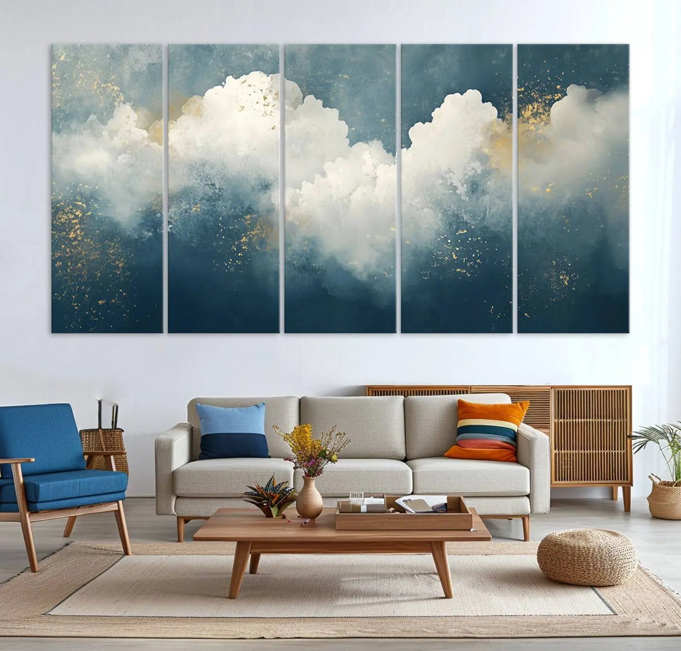 75131-MGV-CV-36X24-Abstract Blue White Wall Art Canvas Print – Modern Gold Accent Minimalist Artwork for Home, Office, Living Room Decor