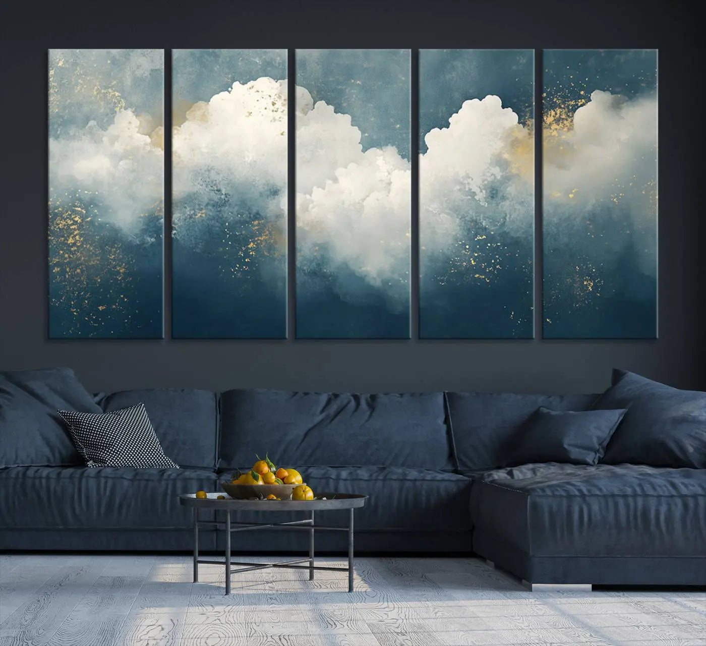 75131-MGV-CV-36X24-Abstract Blue White Wall Art Canvas Print – Modern Gold Accent Minimalist Artwork for Home, Office, Living Room Decor