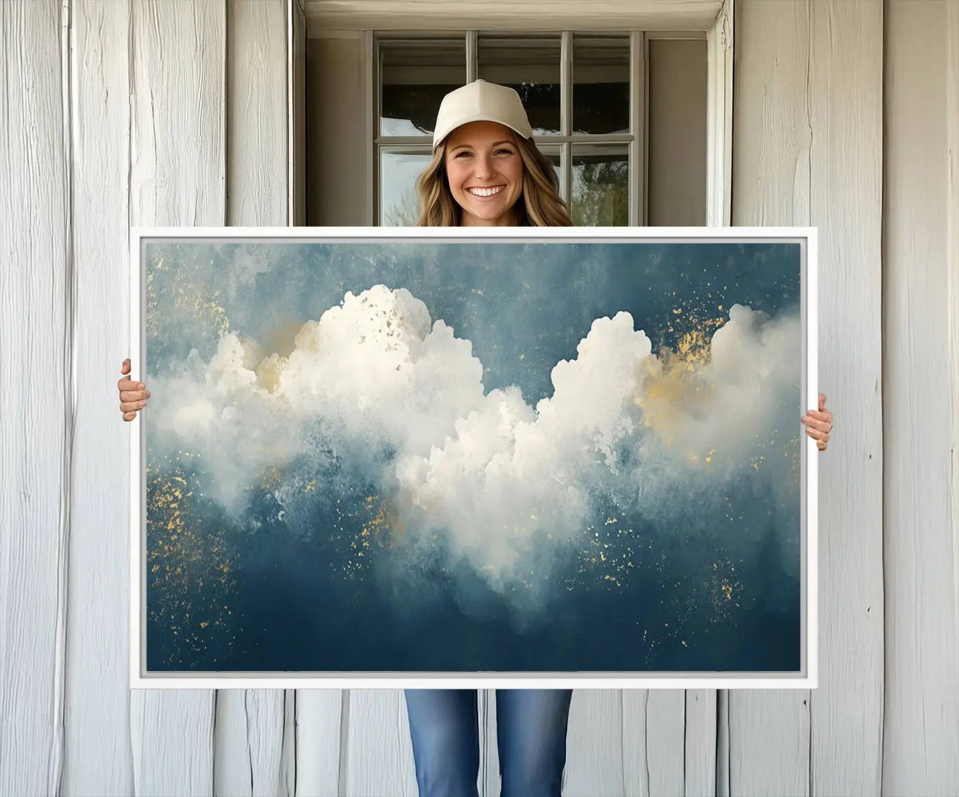 75131-MGV-CV-36X24-Abstract Blue White Wall Art Canvas Print – Modern Gold Accent Minimalist Artwork for Home, Office, Living Room Decor