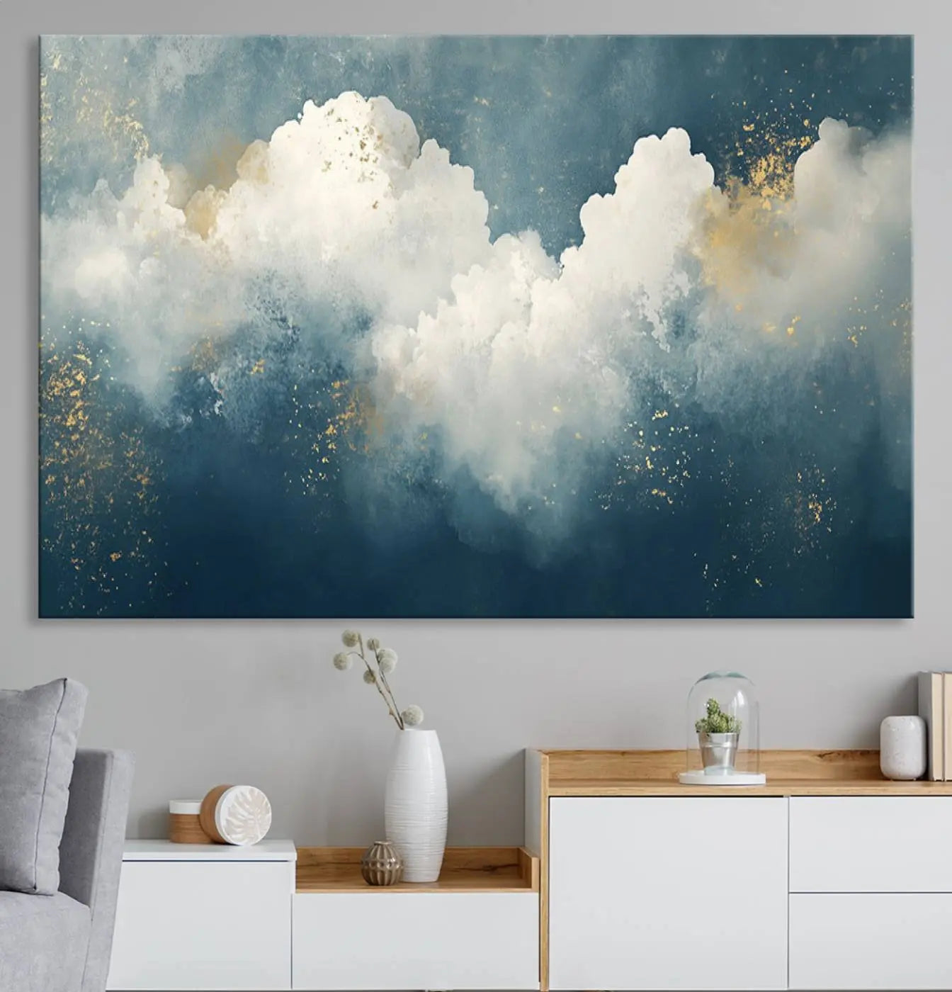 75131-MGV-CV-36X24-Abstract Blue White Wall Art Canvas Print – Modern Gold Accent Minimalist Artwork for Home, Office, Living Room Decor