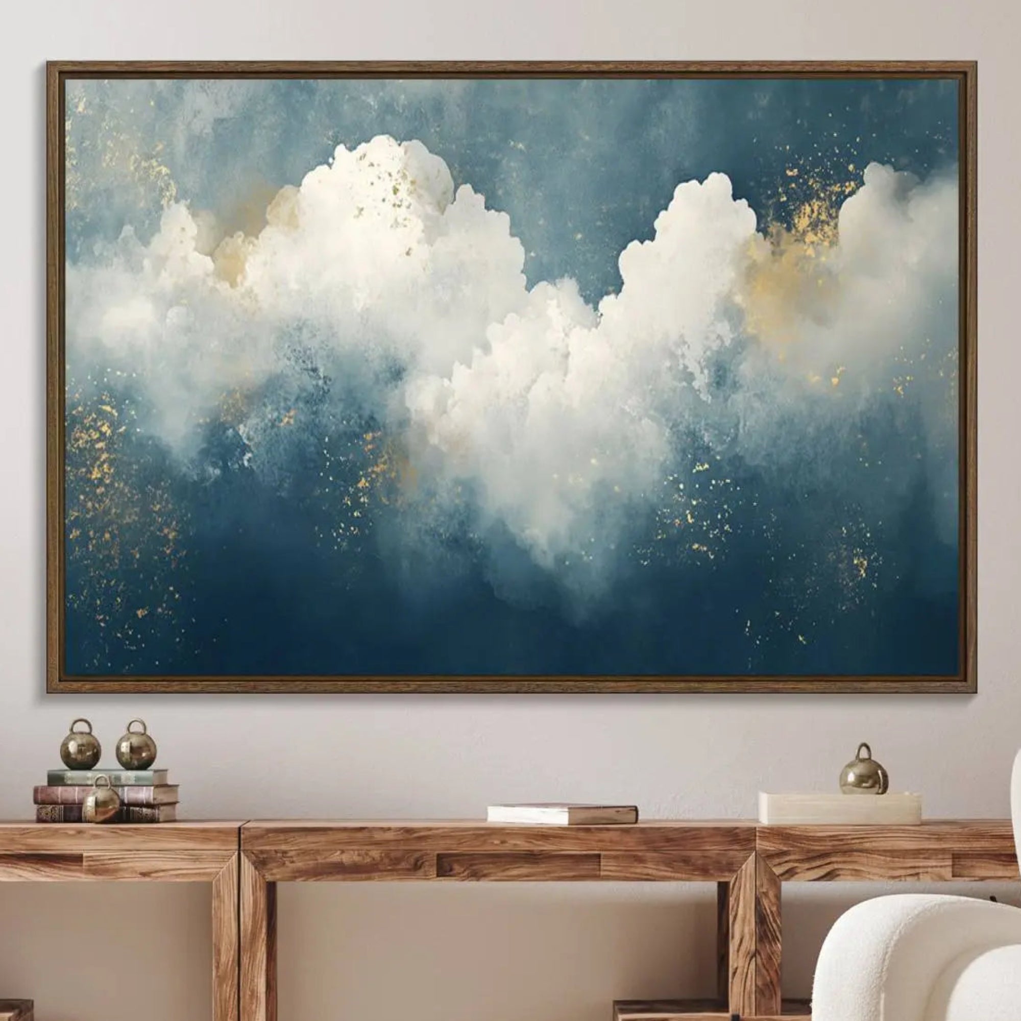 75131-MGV-FC-36X24_Walnut-Abstract Canvas Wall Art - Textured Blue and White Painting with Gold Accents - Modern Minimalist