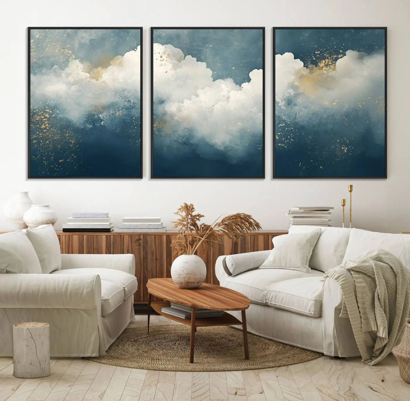 75131-MGV-FC-60X30-3P_Black-Abstract Blue White Wall Art Canvas Print – Modern Gold Accent Minimalist Artwork for Home, Office, Living Room Decor