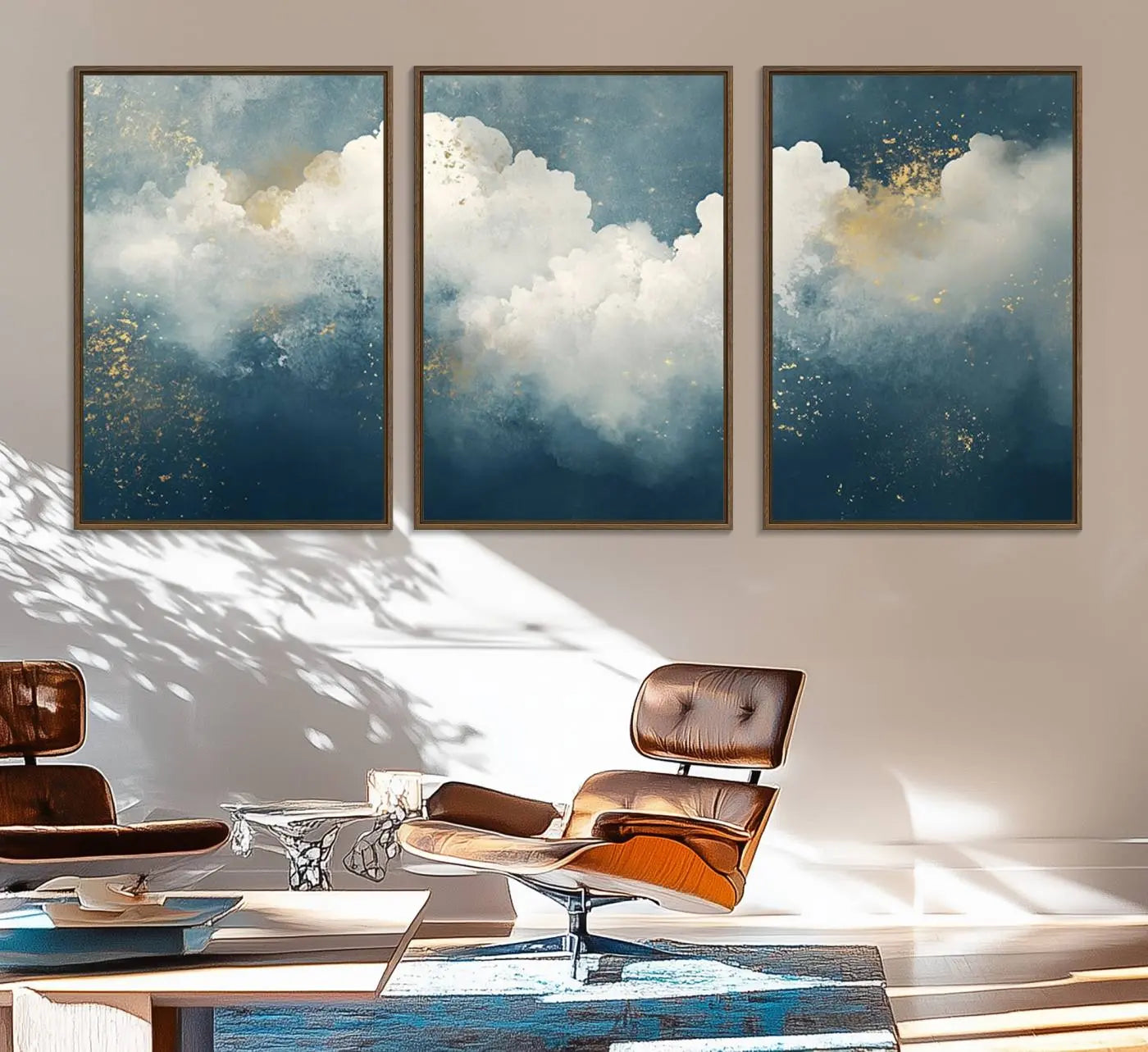 75131-MGV-FC-60X30-3P_Walnut-Abstract Blue White Wall Art Canvas Print – Modern Gold Accent Minimalist Artwork for Home, Office, Living Room Decor