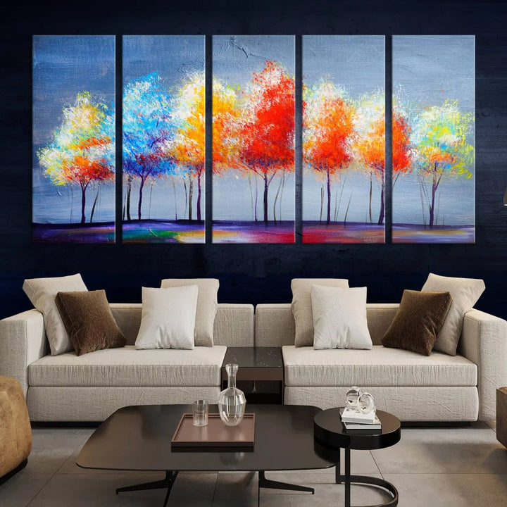 A triptych of the Abstract Colorful Trees Wall Art Canvas Print, gallery-wrapped on museum-quality canvas, adorns the wall.