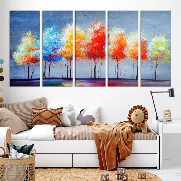 A triptych of the Abstract Colorful Trees Wall Art Canvas Print, gallery-wrapped on museum-quality canvas, adorns the wall.