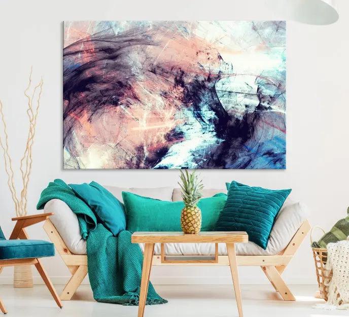 The Abstract Colors Wall Art Canvas Print features a triptych design with swirling purple, pink, and blue hues. This museum-quality piece on polycotton canvas is expertly hand-assembled and comes ready to hang.